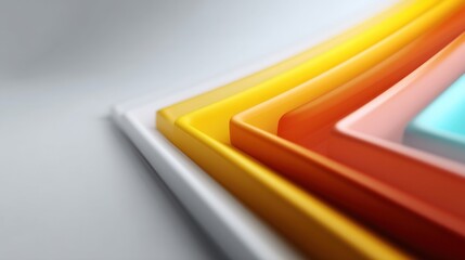 Colorful layers of translucent plastic sheets arranged creatively on a flat surface, showcasing vivid hues of orange, yellow, turquoise, and white in abstract composition