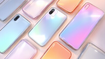 Multicolored cell phones, arranged on a surface, reflecting light and offering a modern aesthetic