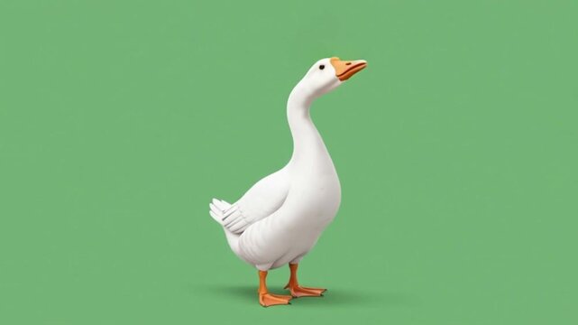 Realistic white domestic goose standing isolated on a solid green screen background. Side view of a farm bird with orange beak and webbed feet, ready for chroma keying and compositing