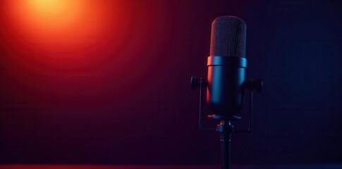 Sleek condenser mic, dark backdrop Podcast studio essential , condenser microphone, XLR cable