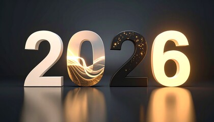 Glowing 2026 numbers with futuristic design elements and bright lights