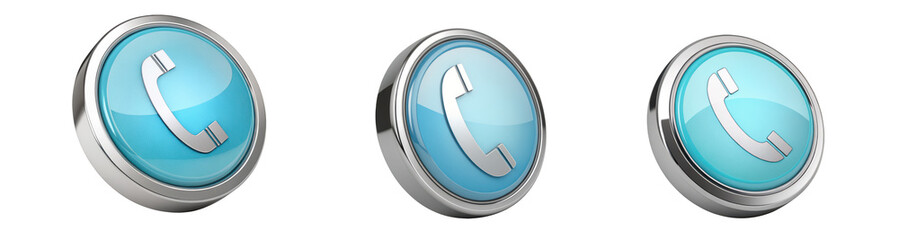 Three glossy turquoise phone call icons with silver rims presented in a row on transparent background