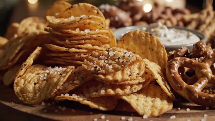 Assortment of snacks and appetizers on a wooden platter with dip - Powered by Adobe