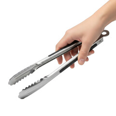 Obraz premium Hand holding stainless steel tongs for grilling and cooking isolated on transparent background