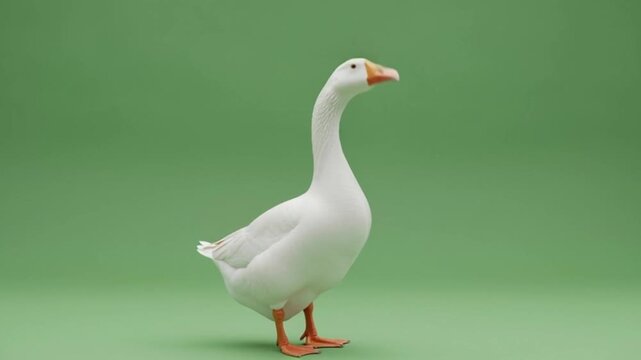 Realistic white domestic goose standing isolated on a solid green screen background. Side view of a farm bird with orange beak and webbed feet, ready for chroma keying and compositing