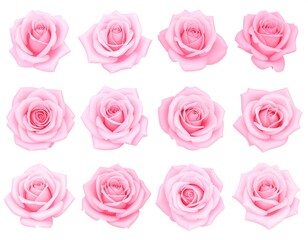 Twelve soft pink roses bloom, petals unfurling gently against a bright white background, varied angles