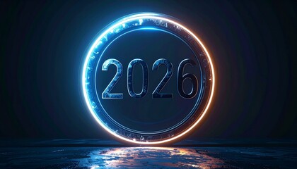 Glowing neon circle with 2026 in futuristic dark setting