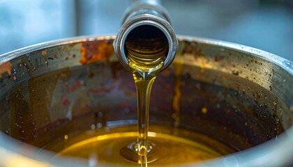 Rich golden oil steadily flowing into a weathered metal basin