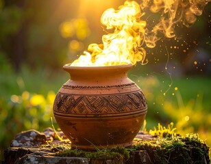 Close-up of clay pot with blazing fire against sunlit foliage