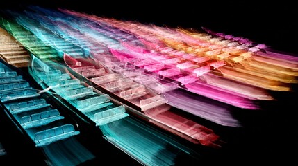 Long exposure captures vibrant color streaks across stadium seating, creating an abstract effect