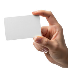 Obraz premium Hand holding a blank white business card isolated on transparent background