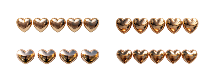a collection of ten golden hearts with varying shades and reflections ideal for design projects on transparent background