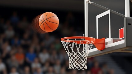 Basketball going through hoop in a crowded stadium during a sports event
