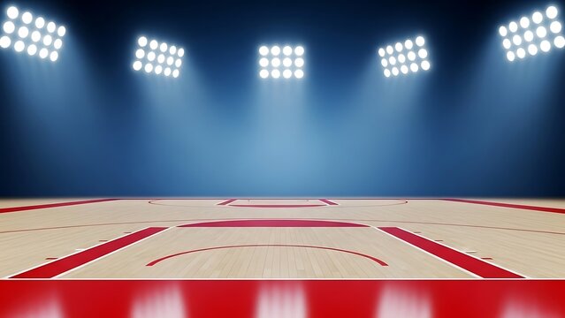 A basketball court illuminated by four spotlights shining down from the ceiling at night