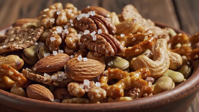 Close up of assorted nuts and seeds in a rustic ceramic bowl