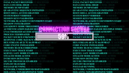 CONNECTION SECURE glowing progress bar shows 100% percent of ransomware active on a background of computer code programming, shows percent of malware deployed on a of computer code programming.