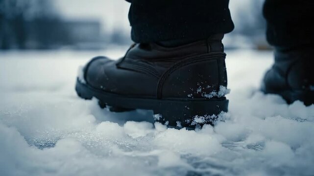 Boots Stepping Slowly on Wet Snow in Winter Landscape
