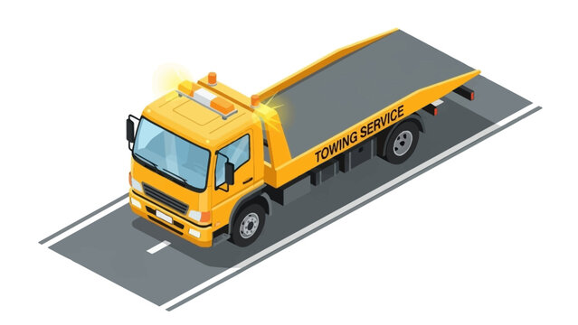 Isometric Yellow Tow Truck on Gray Road Illustration.