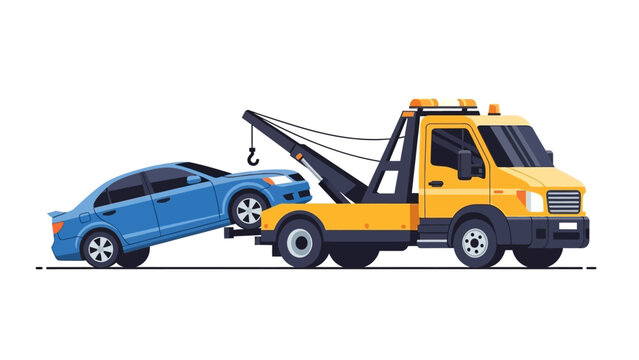 Tow Truck Transporting a Blue Car for Repair or Impound.
