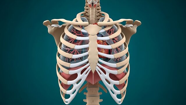 Detailed illustration of human ribcage anatomy with visible internal organs