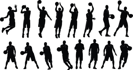 Basketball player silhouettes set showing dynamic actions, jumps, shots and dribbling poses isolated on white background