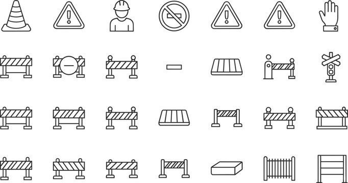 Outline Vector Icon Set Representing Safety Barriers Traffic Control Construction Zone Road Maintenance Civil Engineering and Industrial Site Security Concepts