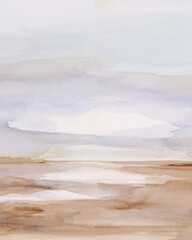 Warm Sand and Soft Cerulean Horison Vertical Abstract Watercolor Landscape Hand Painted