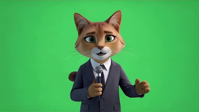 3D Cartoon Cat Television News Reporter Wearing Professional Outfit Performing Broadcast Animation on Green Screen Background