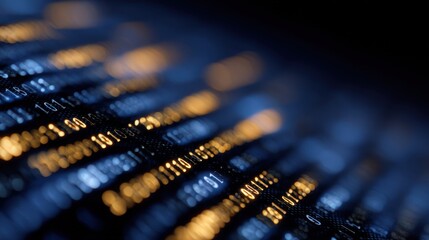 Abstract close-up of illuminated electronic circuit board with intricate patterns reflecting modern technology and innovation in a futuristic environment