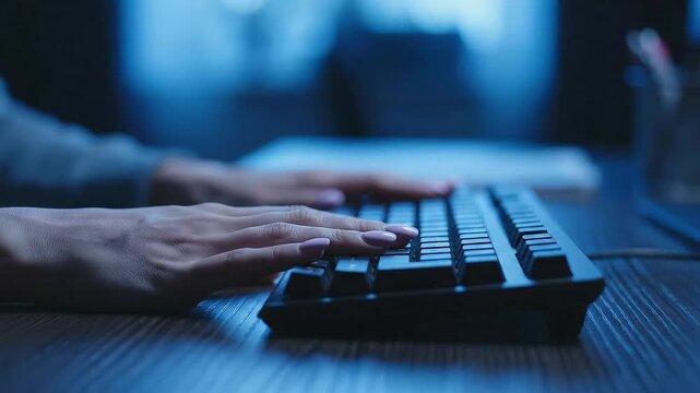 Hands Hesitating Above Keyboard in Dimly Lit Workspace