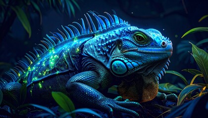 Fototapeta premium Captivating blue iguana with ethereal glow amidst the shadows of the jungle