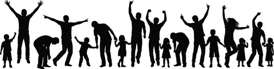 Group of happy family silhouettes with parents and children jumping, playing, celebrating together representing joy, unity, and togetherness concept