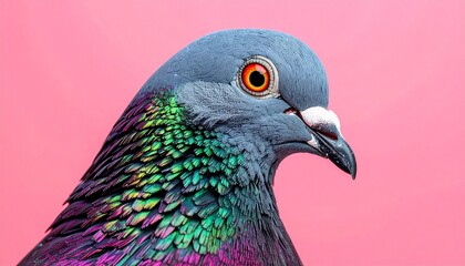 Headshot of a captivating iridescent pigeon with colorful feathers against a pink background