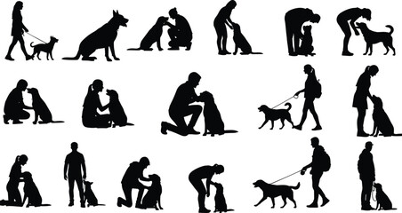 Collection of people and dog silhouettes showing walking, training, caring, and bonding moments illustrating pet ownership lifestyle concept