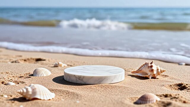 Marble pedestal and seashells on beach