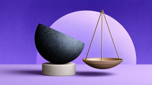 Minimalistic balance concept featuring a dark bowl, a golden scale, and a soft gradient purple background for modern design applications