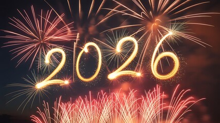 Sparkling fireworks light up the night sky in celebration of the upcoming year 2026, marking a joyous occasion and a fresh start