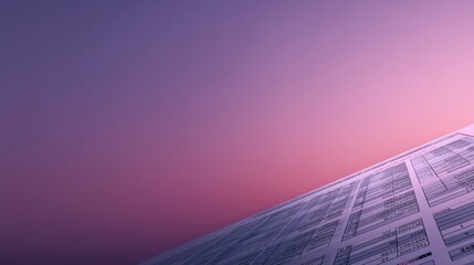 Abstract view of financial data sheet on slanted surface with soft gradient of purple and pink hues in the background for modern business concepts