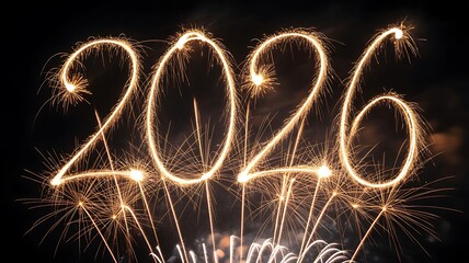 Vibrant fireworks illuminate the night sky, forming the sparkling numbers '2026' to celebrate a festive New Year's arrival and future