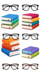 Books stacked near spectacles; reading-themed illustration with eye glasses and colored books in colorful, bright hues