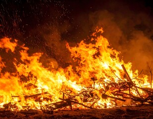 Large bonfire flames burning brightly against a dark night sky