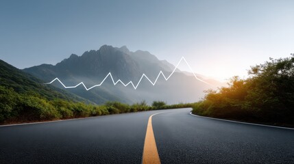 Scenic road winding through lush hills with mountain backdrop and overlaid economic growth trend line chart symbolizing opportunities and progress