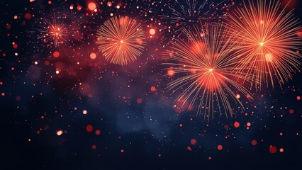 Vibrant fireworks exploding in the night sky with bright red and orange hues and smoke trails