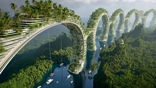 Futuristic green city design with ring-shaped buildings spanning a tropical river and lush landscape.