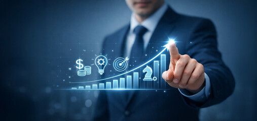 Business leader pointing to target peak on digital growth graph with chess strategy and financial icons for corporate success and KPI achievement