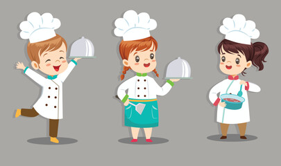 A charming set of three cartoon child characters dressed as professional chefs in white coats and tall chef hats, This playful, flat-design vector is ideal for culinary school advertisements
