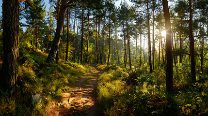 Obraz premium Winding Forest Path with Sunlight and Lush Greenery