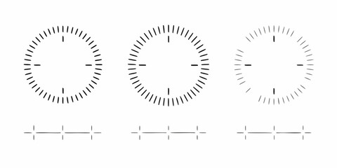 Three minimalist clocks showing different times with horizontal lines below