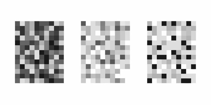 Three grayscale pixelated images arranged side by side showing varying noise levels