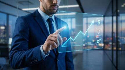 Businessman analyzing financial growth chart on futuristic transparent screen with innovation and profit metrics for fintech and economic strateg